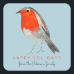 Cute Bird Red Robin Blue Christmas  Quadratischer Aufkleber<br><div class="desc">A cute bird botanical mailing label for your Christmas holiday post featuring cute hand painted red robin bird illustration on a snow white background sky. Original artwork by Caroline Bonne Müller</div>