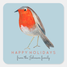 Cute Bird Red Robin Blue Christmas Quadratischer Aufkleber