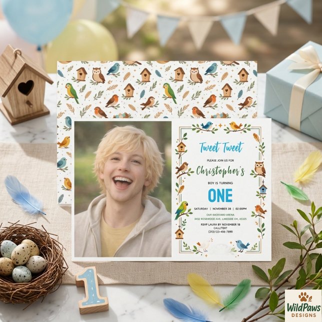 Cute Birds 1st Birthday Party – Fun Kids photo Einladung (Cute Birds 1st Birthday Party – Fun Kids photo Invitation
)