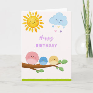 Cute Birds on Branch Birthday Card - Kawaii Sun an Karte