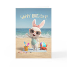 Cute Birthday Bunny in Polka Dot Swimsuit at Beach
