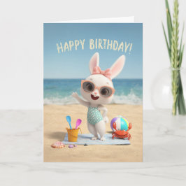 Cute Birthday Bunny in Polka Dot Swimsuit at Beach Karte