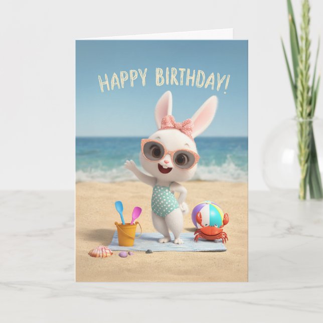 Cute Birthday Bunny in Polka Dot Swimsuit at Beach Karte (Vorderseite)