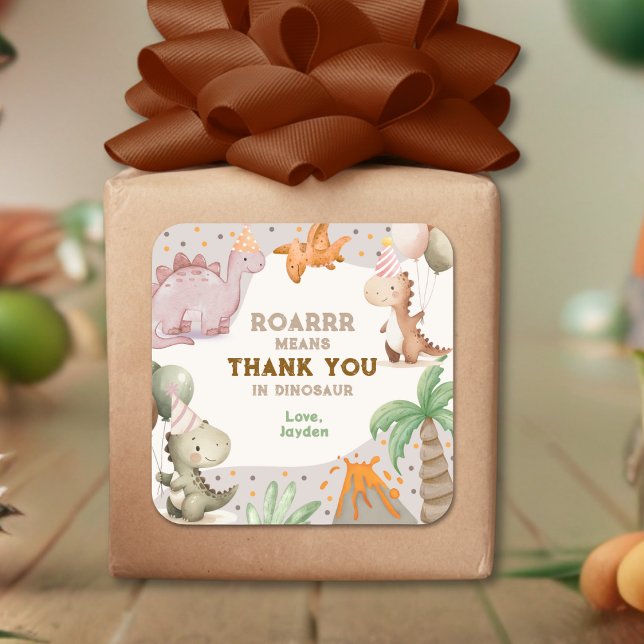 Cute Birthday Party Dinosaur Thank You Quadratischer Aufkleber (Von Creator hochgeladen)