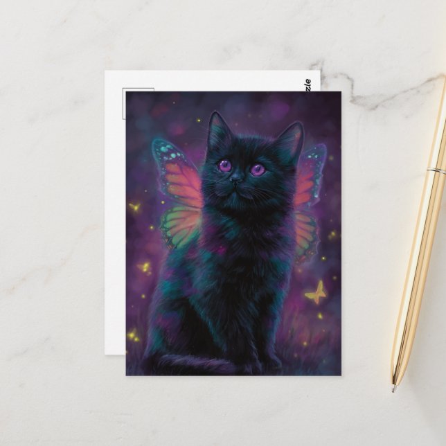 Cute Black and Purple Cat Fairy Postkarte (Vorderseite/Rückseite Beispiel)
