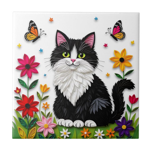 Cute Black and White Cat, Flowers and Butterflies Fliese (Vorderseite)