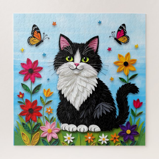 Cute Black and White Cat, Flowers and Butterflies Puzzle (Vertikal)