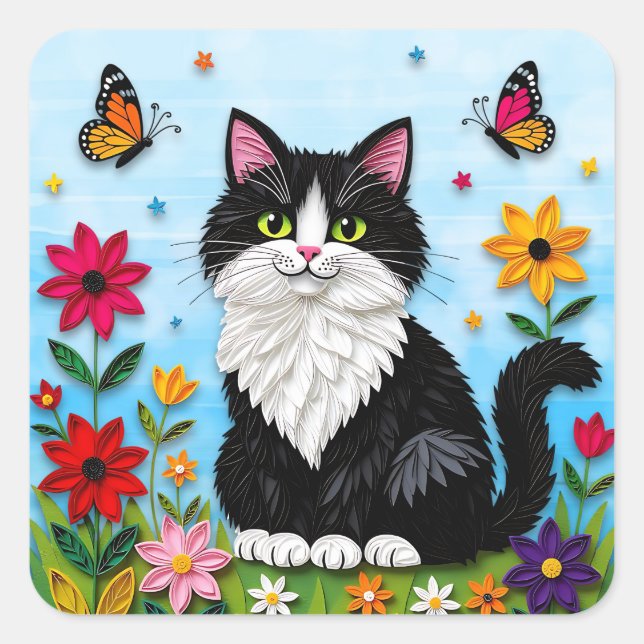 Cute Black and White Cat, Flowers and Butterflies Quadratischer Aufkleber (Vorderseite)
