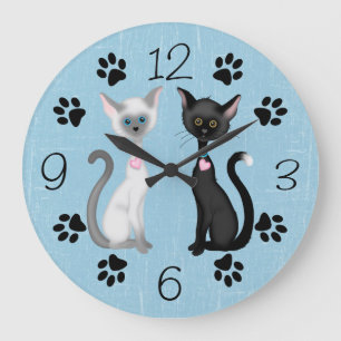 Cute Black and White Cats and Paw Prints on Blue Große Wanduhr