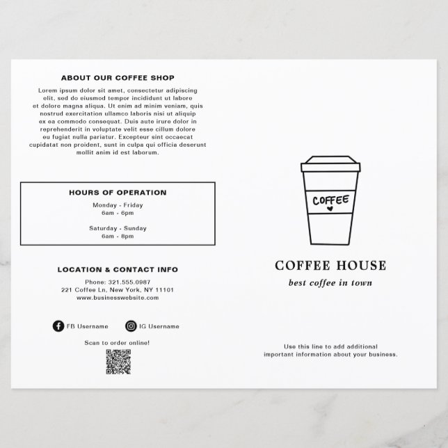 Cute Black and White Coffee Cup Coffee Shop Menu (Vorderseite)