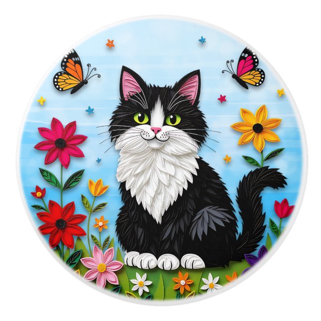 Cute Black and White  Folk Art Cat and Flowers Keramikknauf (Vorderseite)