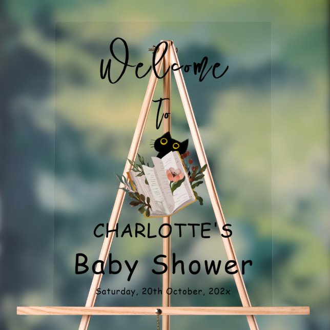 Cute Black Cat and Book Baby Shower Welcome Acrylschild (Neutral)