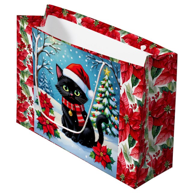 Cute Black Cat and Poinsettia Christmas Große Geschenktüte (Vorderseite Schrägansicht)