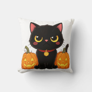 Cute Black Cat and Pumpkins Halloween Kissen