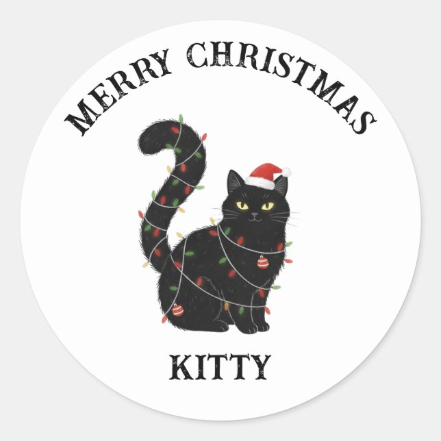 Cute Black Cat Christma sSticker Runder Aufkleber (Vorderseite)