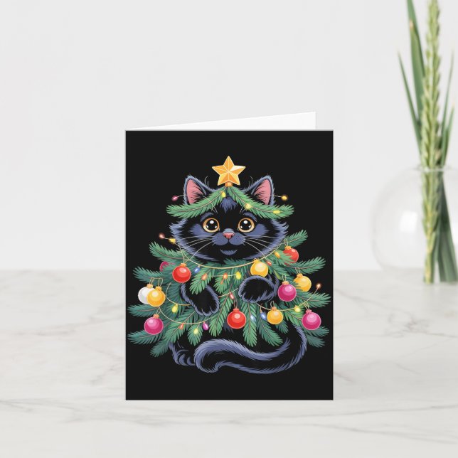 Cute Black Cat Christmas Tree Funny Kitten Lover X Karte (Vorderseite)