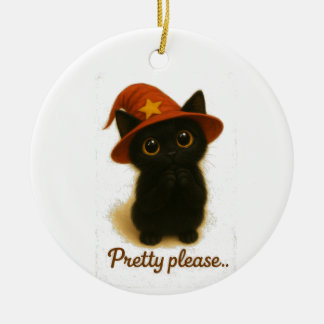 Cute Black Cat Emi Begging Pose – Kawaii Witch Hat Keramik Ornament