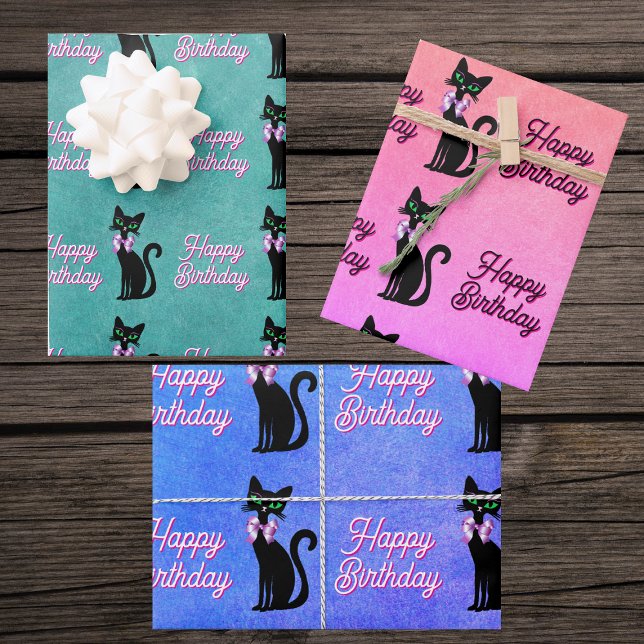 Cute Black Cat Green Eyes Bow Happy Birthday Geschenkpapier Set (Cute black cats green eyes pink bows on Happy Birthday wrapping paper sheets in various colours.)