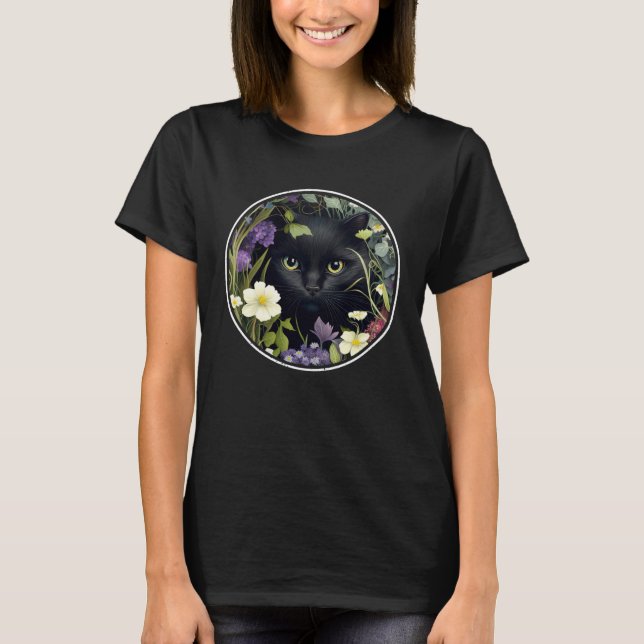 Cute Black Cat Hiding in Spring Flowers Aesthetic  T-Shirt (Vorderseite)