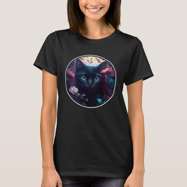Cute Black Cat Hiding in Spring Flowers Aesthetic  T-Shirt (Vorderseite)