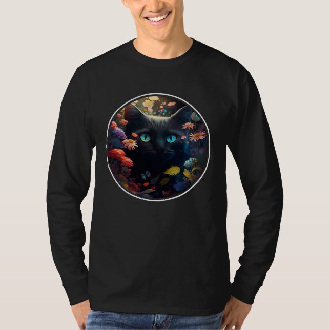 Cute Black Cat Hiding in Spring Flowers Aesthetic  T-Shirt (Vorderseite)