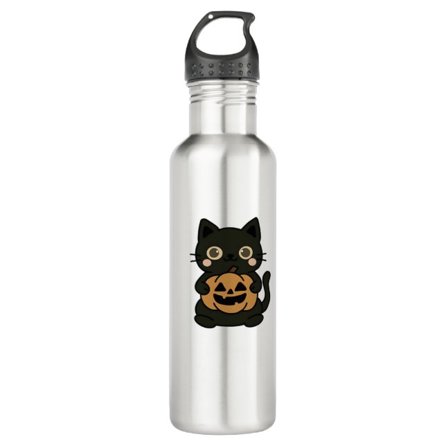 Cute Black Cat Holding Jack O Lantern Pumpkin – Ka Edelstahlflasche (Vorderseite)