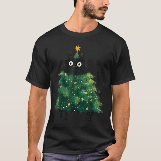 Cute Black Cat In Christmas Tree Cat Lover Holiday T-Shirt (Vorderseite)