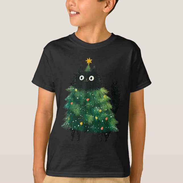 Cute Black Cat In Christmas Tree Cat Lover Holiday T-Shirt (Vorderseite)