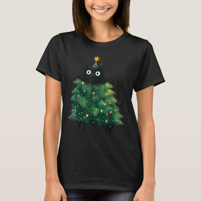 Cute Black Cat In Christmas Tree Cat Lover Holiday T-Shirt (Vorderseite)