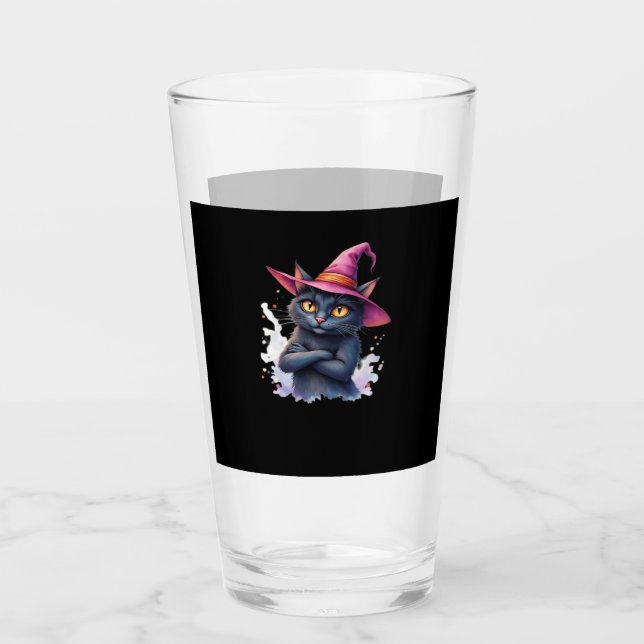 Cute Black Cat in Witch Hat � Magical Halloween Ar Glas (Vorderseite)