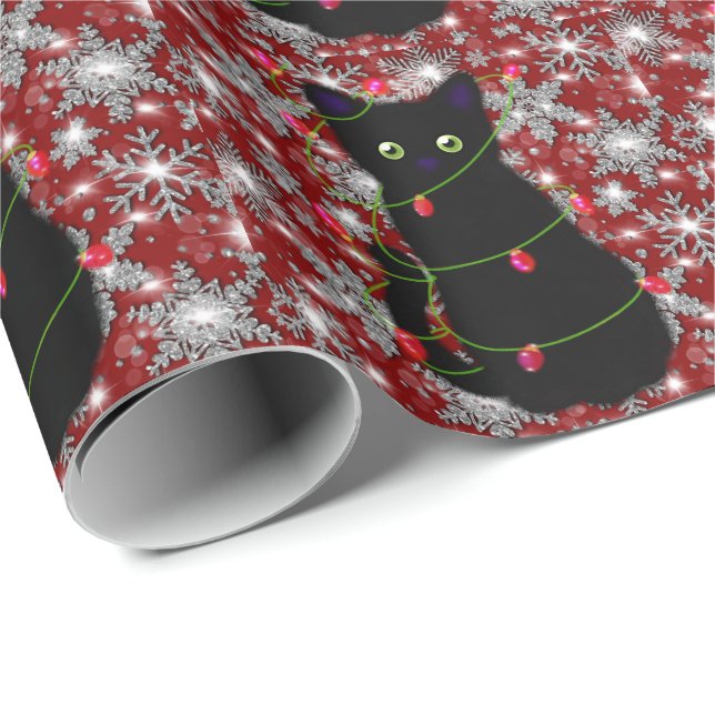 Cute black cat Meowy Christmas sparkling snowflake Geschenkpapier (Rolleneckpunkt)