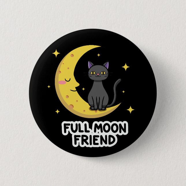 Cute Black Cat on Moon - Full Moon Friend Button (Vorderseite)