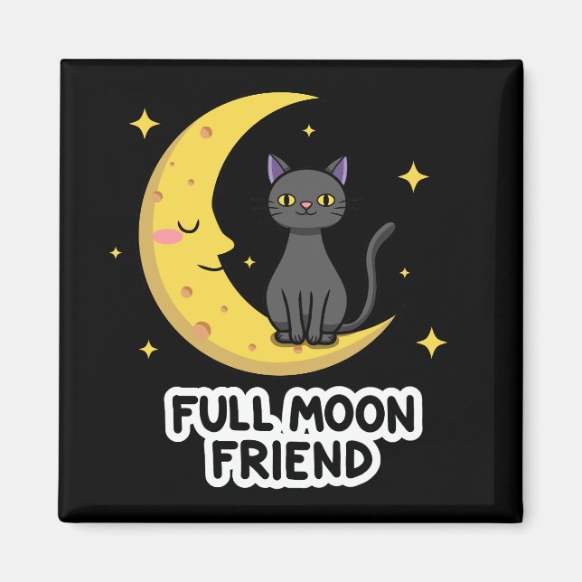 Cute Black Cat on Moon - Full Moon Friend Magnet (Vorne)