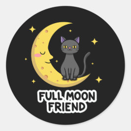 Cute Black Cat on Moon - Full Moon Friend Runder Aufkleber