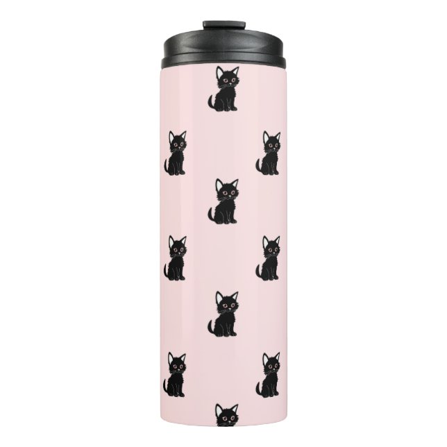 Cute Black Cat Pattern on Pastel Pink Thermosbecher (Vorderseite)
