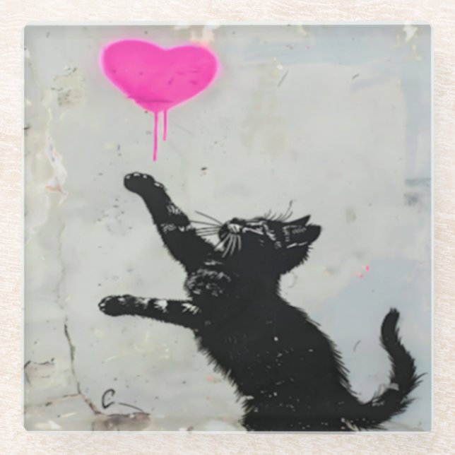 Cute Black Cat Playing with A Pink Heart Glasuntersetzer (Vorderseite)