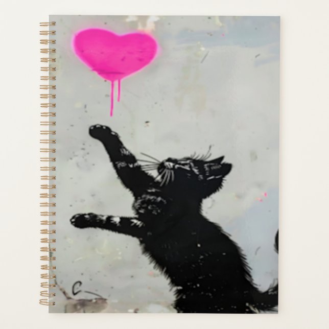 Cute Black Cat Playing with A Pink Heart Planer (Vorderseite)