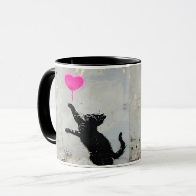 Cute Black Cat Playing with A Pink Heart Tasse (Vorderseite Links)