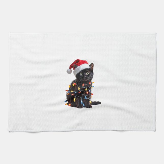 Cute Black Cat Santa Christmas Lights Meow Kitty K Geschirrtuch (Horizontal)