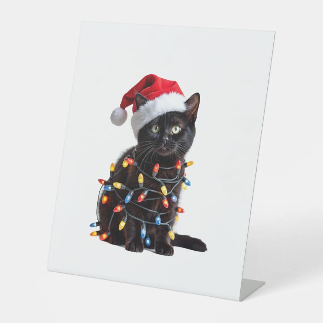 Cute Black Cat Santa Christmas Lights Meow Kitty K Sockelschild (Vorderseite)