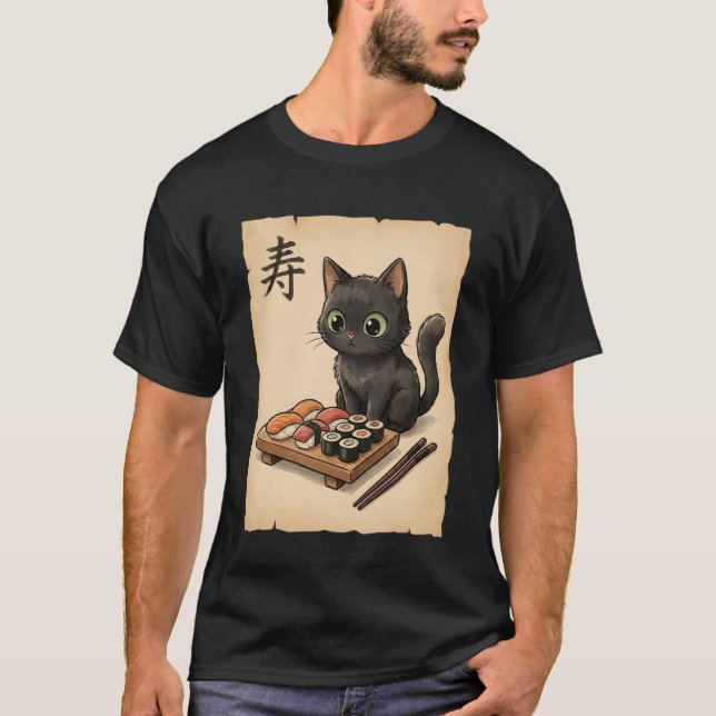 Cute Black Cat Sushi Cartoon Japanese Kawaii Anime T-Shirt (Vorderseite)