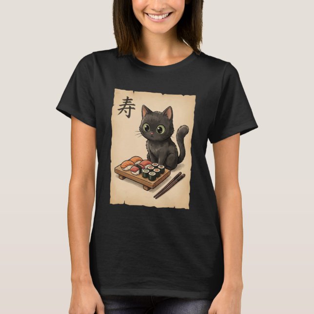 Cute Black Cat Sushi Cartoon Japanese Kawaii Anime T-Shirt (Vorderseite)