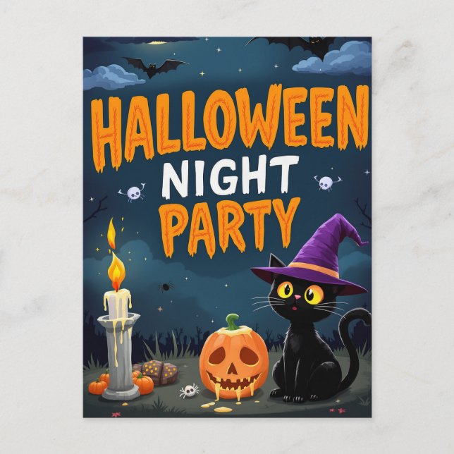 Cute Black Cat Witch Halloween Night Party Postkarte (Vorderseite)