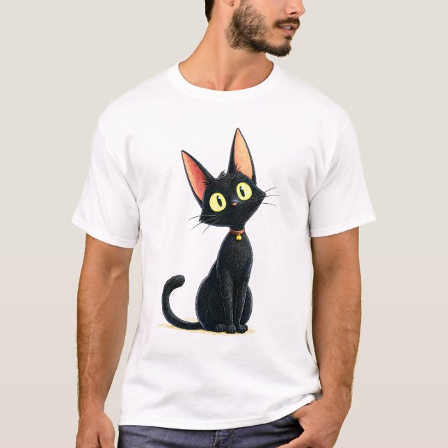 Cute Black Cat with Big Ears T-Shirt (Vorderseite)