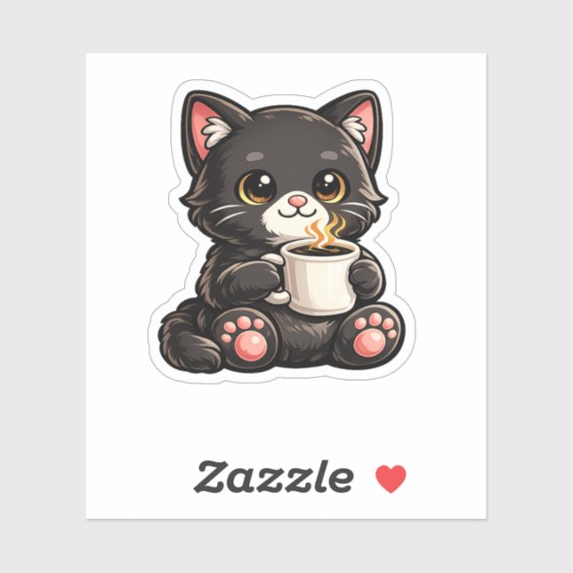 Cute Black Cat with Coffee Aufkleber (Blatt)