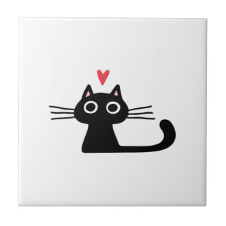 Cute Black Cat with Heart Kitten Valentine Classi Fliese