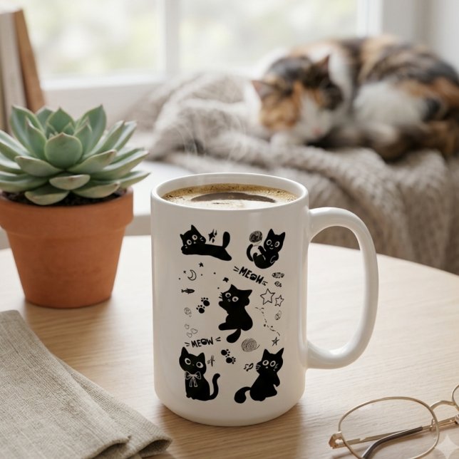 Cute Black Cats Doodles Pattern Kawaii Meow Kaffeetasse (Von Creator hochgeladen)