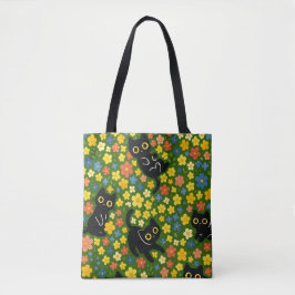 Cute Black Cats Floral Meadow Pattern