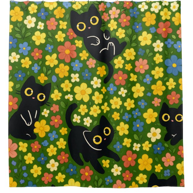 Cute Black Cats Floral Meadow Pattern Duschvorhang (Vorderseite)
