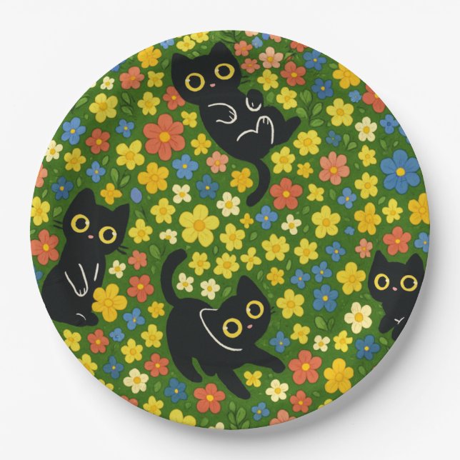 Cute Black Cats Floral Meadow Pattern Pappteller (Vorderseite)